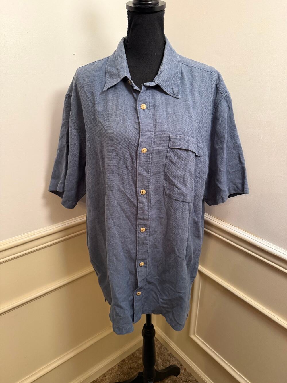 Columbia Sportswear Men's Short Sleeve Hemp Blend Button Up Shirt Blue Pocket